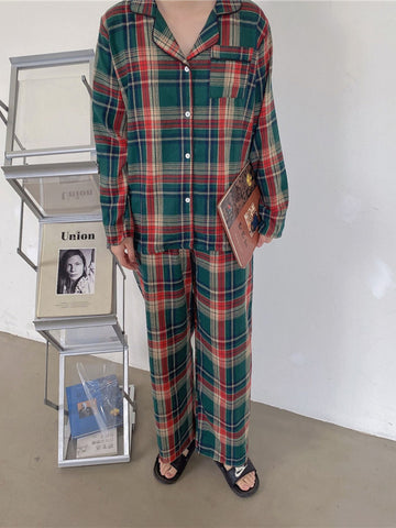 Christmas Couple's Long Sleeve Vintage Plaid Print Pajama Set Open Front Button-Up Top and Pants