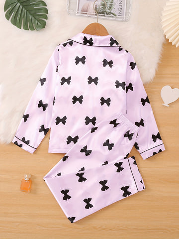 Cute Bow Print Sleepwear For Spring And Autumn, Comfortable Cardigan With Collar, Long Sleeved Top, Long Pants, Sizes 130-160, Medium To Large Children'S And Girls' Set, Home Wear