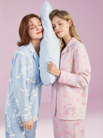 Sanrio Hello Kitty Pajama Sets Womens Button Long Sleeve Pj Pants Set Two-Piece Sleepwear Home Wear