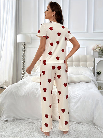 Allover Heart Print Pajama Set, Casual Short Sleeve Round Neck Tee & Elastic Pants, Women's Lounge & Sleepwear