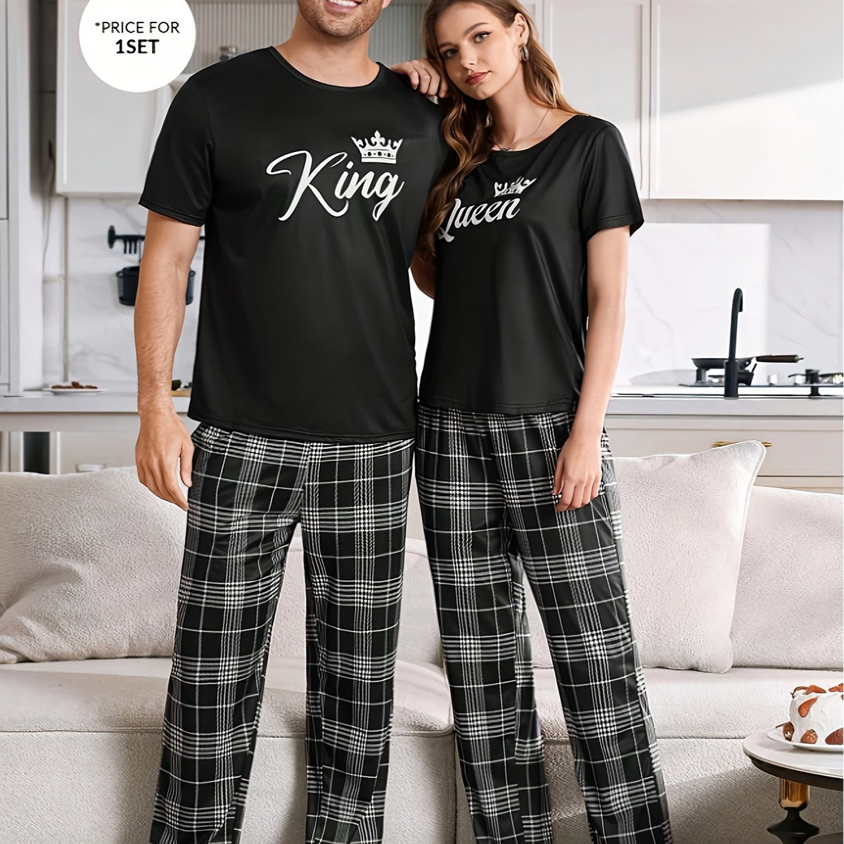Couple'S Matching Pajamas Set - His & Hers - King & Queen Crown & Lettering - Soft Winter Sleepwear - Couples Costume Party Outfit - Easy-Care Machine Washable - Anniversary Valentine'S Gift for Couples - Couple'S Sleepwear Set