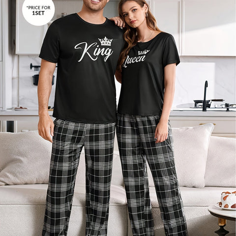 Couple'S Matching Pajamas Set - His & Hers - King & Queen Crown & Lettering - Soft Winter Sleepwear - Couples Costume Party Outfit - Easy-Care Machine Washable - Anniversary Valentine'S Gift for Couples - Couple'S Sleepwear Set