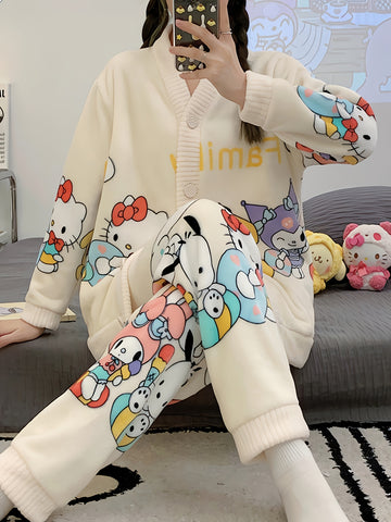 2pcs Sanrio Genuine Authorization, Hello Kitty Family Cartoon Pattern Long-sleeved Thickened Upgraded Pajama Set, Thick Warm Loungewear, Sweet And Cute Pajamas, Cardigan Loungewear Can Be Worn Outside, The Best Choice for Family And Friends