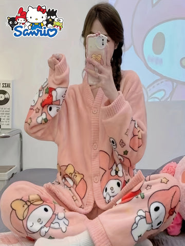 2pcs Sanrio Genuine Authorization, Cartoon Pattern Long-sleeved Pajama Set, Thick, Warm Loungewear, Sweet, Cute, Pajamas, Can Be Worn Outside, Loungewear Two-piece Set