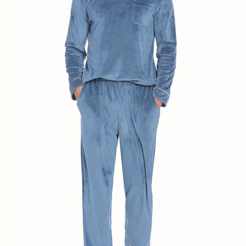 ELESOL Unisex Velvet Pajama Set, Casual V-Neck Long Sleeve Knit Fabric Sleepwear, Polyester & Spandex Blend, Solid Color Loungewear with Pockets, for Fall\u002FWinter