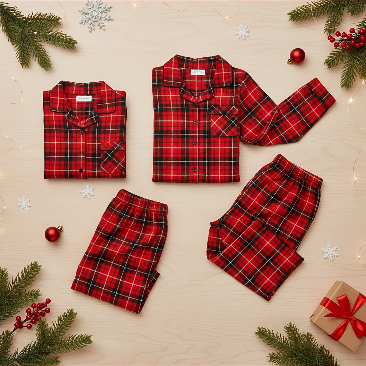 2pcs Men'S Red & Black Plaid Pajama Set - Long Sleeve Button-Up Shirt-Style Sleepwear with Chest Pocket, Cozy All-Season Matching Couples & Family Christmas & Valentine'S Day Gift, Classic Collar & Durable Fabric (Ideal for Holiday Photos & Casual L