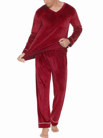 ELESOL Unisex Velvet Pajama Set, Casual V-Neck Long Sleeve Knit Fabric Sleepwear, Polyester & Spandex Blend, Solid Color Loungewear with Pockets, for Fall\u002FWinter