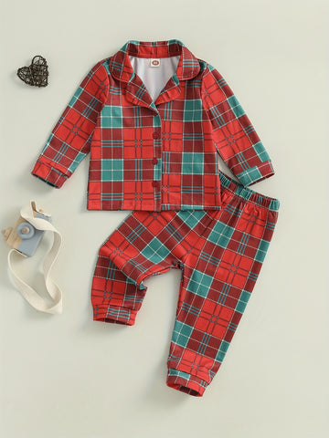 Cozy Cotton Blend Youngsters' Plaid Pajama Set with Button-Up Lapel Top & Long Pants - Cute Christmas Loungewear for Youngsters and Youngsters, Machine Washable