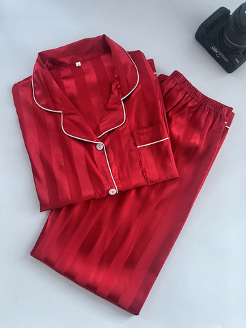 Women'S Classic Button Satin Pajama Set Long Sleeve Lounge Set