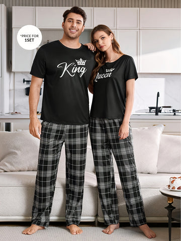 Couple'S Matching Pajamas Set - His & Hers - King & Queen Crown & Lettering - Soft Winter Sleepwear - Couples Costume Party Outfit - Easy-Care Machine Washable - Anniversary Valentine'S Gift for Couples - Couple'S Sleepwear Set