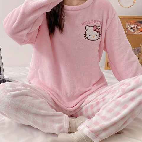 Sanrio Women'S Cozy Fleece Pajama Set - Cute Cartoon Dog & for Hello Kitty Pattern, Plaid Pants, Long Sleeve Top, All-Season Wear, Soft & Warm, Perfect for Teens, Cozy Loungewear | Cartoon Print Top | Soft Fabric Pajamas, Cute Pajamas