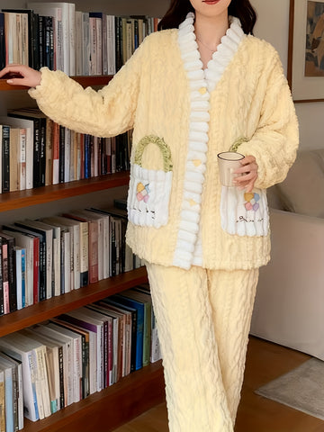 Cartoon Embroidered Pocket Contrast Coral Fleece Set, Autumn and Winter Women'S 2025 New Model Velvet Thickened Warm Pajama Outfit