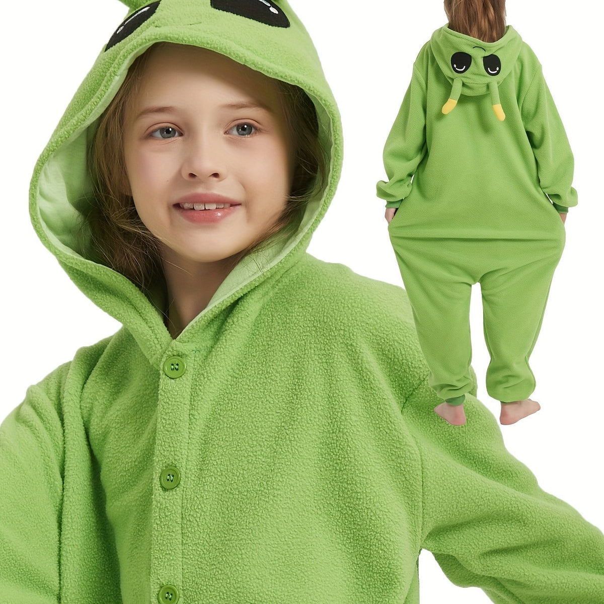 Youngsters' Green Alien Halloween Onesie Pajamas - Hooded Sleeve Sleepwear with Pockets, Soft Machine-Washable Loose Fit for Fall Winter Parties & Cosplay, Halloween Shirt, Youngsters Party Wear, Playful Design, Pocketed Onesie
