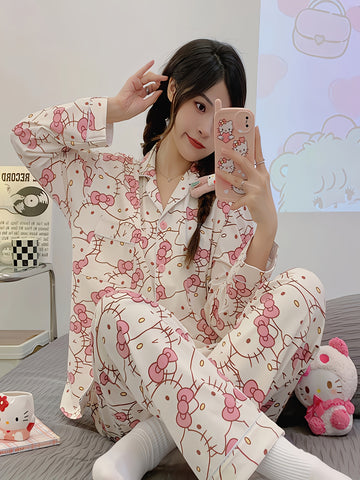 2pcs Sanrio Genuine Authorization, Hello Kitty Cartoon Pajama Set, Spring And Autumn Long-sleeved Set, Long-sleeved Sweet Cartoon Loungewear, Thin Pajama Set, A Must-have Choice for Valentine's Day Gifts for Girlfriends And Family
