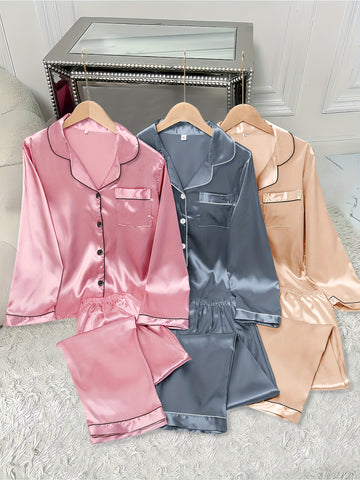 3pcs Women'S Satin Set - Casual Solid Color Long Sleeve Shirt & Elastic Waist Pants, Turn- Collar, Button Detail, Polyester, Autumn Winter Pajamas, Comfortable Loungewear|Casual Style|Polyester Fabric