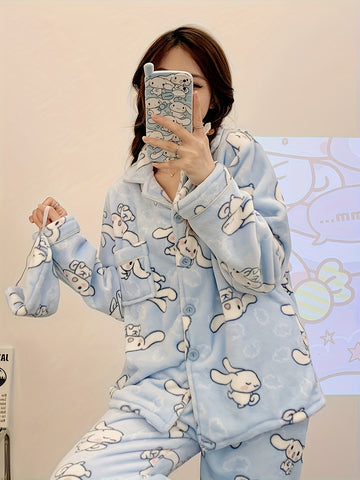 2pcs Sanrio Licensed Yu Gu Dog Pajama Sets - Cute Cartoon Winter & Autumn Thick Coral Fleece Pajamas with V-Neck & Long Sleeve, Cozy Full-Length Pajama Set for Teens, Birthday & Christmas Gifts (Sanrio Fans) - Home Wear Sleepwear, Loungewear Outfit