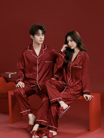 Christmas Love Heart Men's Pajamas Couple Set, Autumn-Winter Wedding Style Long Sleeve and Pants Set
