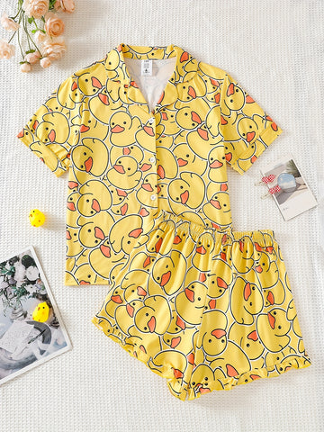 Summer Youth Girls' Pajamas Short Sleeve Cardigan Yellow Bottom Cartoon Yellow Duck Print Boys And Girls Can Wear Outerwear 2pcs Home Clothing Set