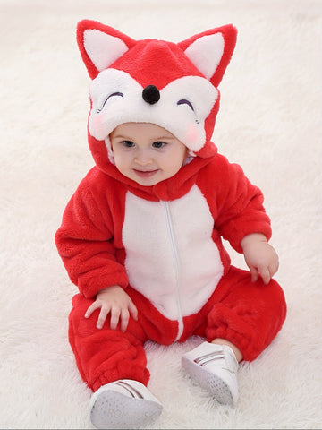 Red Fox Onesie For Baby Boys And Girls, Warm Spring&Autumn Hooded Jumpsuit For Toddlers, Cartoon Animal Fancy Party Wear For Kids, Infant Flannel For Halloween