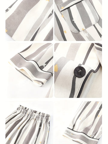 Couples' Pajama Set - Matching Long Sleeve Shirt & Pants Loungewear with Notch Collar & Button-Front Closure, Soft Striped All-Season Comfort, Unisex Full-Length Sleepwear for Men & Women, Cozy Casual Lounge Outfit (Striped Pattern, Easy Care)