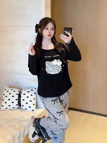 2pcs Sanrio Genuine Authorization, for Hello Kitty Cartoon Loungewear Set, Spring And Autumn Long-sleeved Loose Set, for Hello Kitty Sweet, Bow Lace Pajama Set, The Best Gift For Friends And Girlfriends
