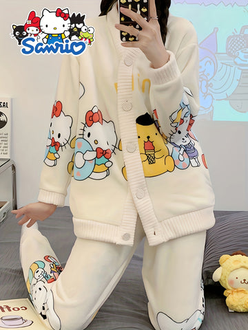 2pcs Sanrio Genuine Authorization, for Hello Kitty Family Cartoon Pattern Long-sleeved Thickened Upgraded Pajama Set, Thick Warm Loungewear, Sweet And Cute Pajamas, Cardigan Loungewear Can Be Worn Outside, The Best Choice For Family And Friends