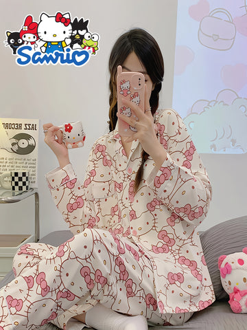 2pcs Sanrio Genuine Authorization, Hello Kitty Cartoon Pajama Set, Spring And Autumn Long-sleeved Set, Long-sleeved Sweet Cartoon Loungewear, Thin Pajama Set, A Must-have Choice for Valentine's Day Gifts for Girlfriends And Family