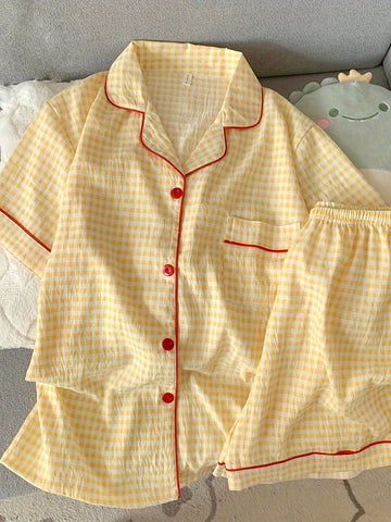 Ladies' Casual Home Wear Two-piece Set with Checkered Print Summer Pajamas Set, Short Sleeved Button Up Cardigan, Lapel Shirt, Shorts, s' Casual Home Wear