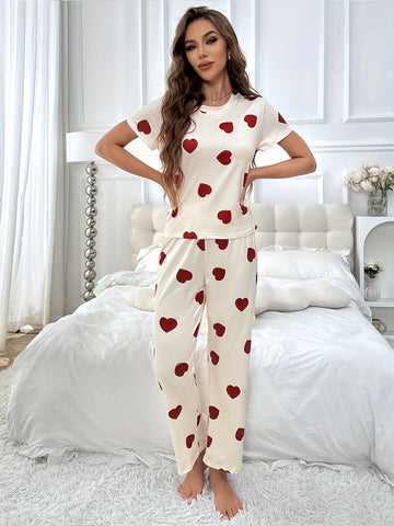 Allover Heart Print Pajama Set, Casual Short Sleeve Round Neck Tee & Elastic Pants, Women's Lounge & Sleepwear