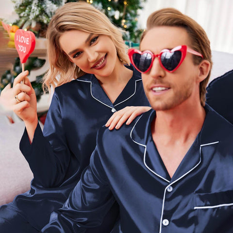 Couples Matching Pajamas Silky Long Sleeve Sleepwear Satin Soft Button Down Loungewear Pjs Set S-XXL   Pajama Set  2 Piece Lounge Set Tops and long Soft Sleepwear Chest Pocket   matching pajama pants set for couples gift for Valentine's Day