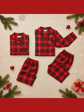 2pcs Men'S Red & Black Plaid Pajama Set - Long Sleeve Button-Up Shirt-Style Sleepwear with Chest Pocket, Cozy All-Season Matching Couples & Family Christmas & Valentine'S Day Gift, Classic Collar & Durable Fabric (Ideal for Holiday Photos & Casual L