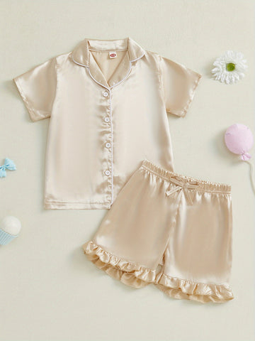 Youngsters Youngsters Youngsters Girl Summer Pajamas Set Silky Solid Color Short Sleeve Lapel V Neck Button Shirt Top Ribbon Elastic Waist Ruffle Shorts 2pcs Lounge Outfit
