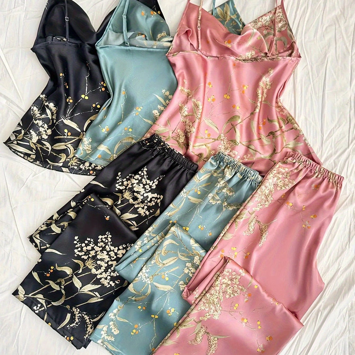 6pcs Youth Style Four Seasons Fashion Casual Comfortable Printed Stacked Collar Strap Long Pants Pajamas Set, All-Season, Regular Fit, with Applique Details, for Teen, Allseason Pajamas|Casual Style Pajamas|Stretchy Fabric, For Teenager