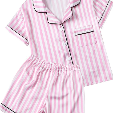 Girls' Pajamas Lapel Short-sleeved Shorts Home Set Summer Casual Pajamas
