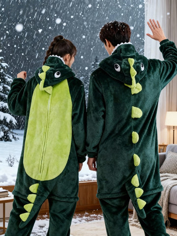 Roarsome Dinosaur Couple Onesie Set - Soft Flannel Matching Dinosaur Costume Pajamas with Hood, Long Sleeve Winter Sleepwear for Couples, Cute Animal Outfit with Spikes & Tail, Valentine'S Day & Anniversary Gift for Adults (Green\u002FYellow