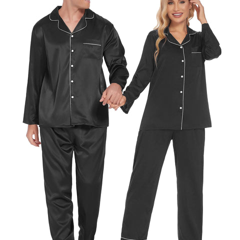 Couples Matching Pajamas Silky Long Sleeve Sleepwear Satin Soft Button Down Loungewear Pjs Set S-XXL   Pajama Set  2 Piece Lounge Set Tops and long Soft Sleepwear Chest Pocket   matching pajama pants set for couples gift for Valentine's Day