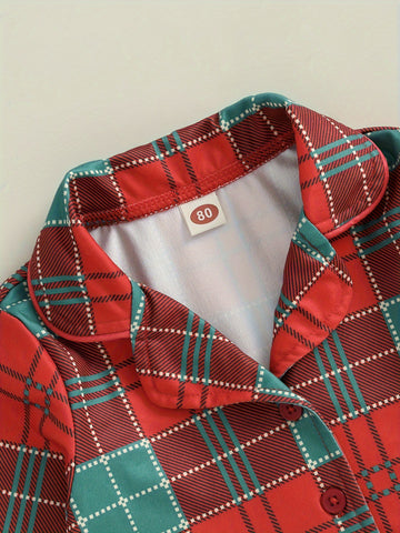 Cozy Cotton Blend Youngsters' Plaid Pajama Set with Button-Up Lapel Top & Long Pants - Cute Christmas Loungewear for Youngsters and Youngsters, Machine Washable