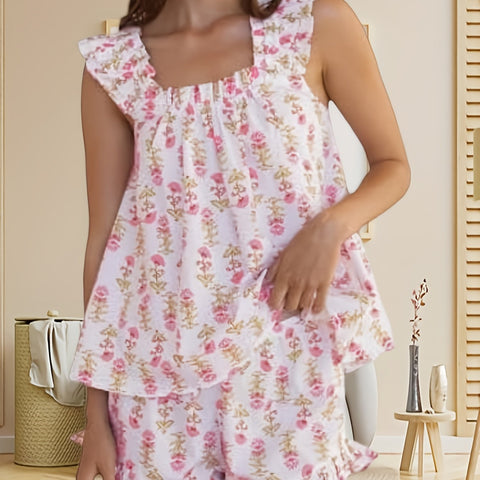 Teenager Womens Floral Print Pajama Sets Ruffle Trim Cami And Casual Shorts 2pcs Lounge Set PJ