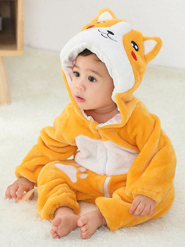 Unisex Cartoon Animal Print Hooded Onesie - Soft Warm Winter Sleepwear with Zipper Closure, Cozy All-Season Wear for &, Cute Bear & Fox Design, Regular Fit for Home & Outdoor Use, Clothing, Playful Wear, Comfortable Wear