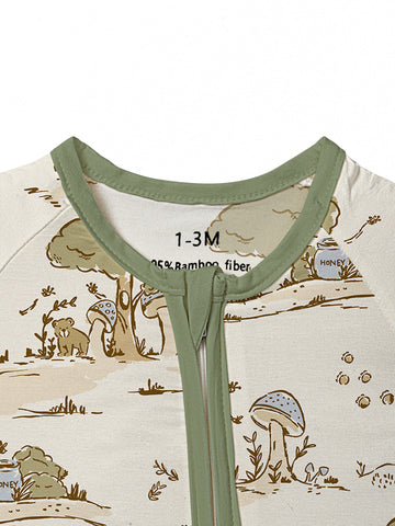 Bamboo Fiber Baby Bodysuit - Soft Stretchy Full-Zip Long Sleeve Romper with Forest Mushroom & Bamboo Fiber Print, Snap-Free Diaper Change, All-Season Beige-Friendly Outfit for & (Machine Washable) - &