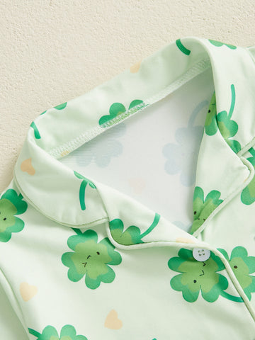 Kids Toddler Spring Pajama Sets Shamrock Pattern Button V Neck Long Sleeve Tops and Pants Lounge Wear 2pcs Set