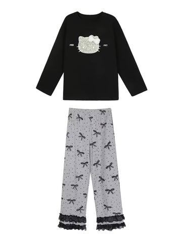 2pcs Sanrio Genuine Authorization, for Hello Kitty Cartoon Loungewear Set, Spring And Autumn Long-sleeved Loose Set, for Hello Kitty Sweet, Bow Lace Pajama Set, The Best Gift For Friends And Girlfriends