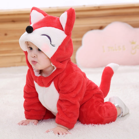 Red Fox Onesie For Baby Boys And Girls, Warm Spring&Autumn Hooded Jumpsuit For Toddlers, Cartoon Animal Fancy Party Wear For Kids, Infant Flannel For Halloween