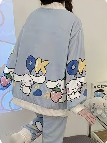 2pcs Sanrio Genuine Authorization, Cartoon Pattern Long-sleeved Pajama Set, Thick, Warm Loungewear, Sweet, Cute, Pajamas, Can Be Worn Outside, Loungewear Two-piece Set