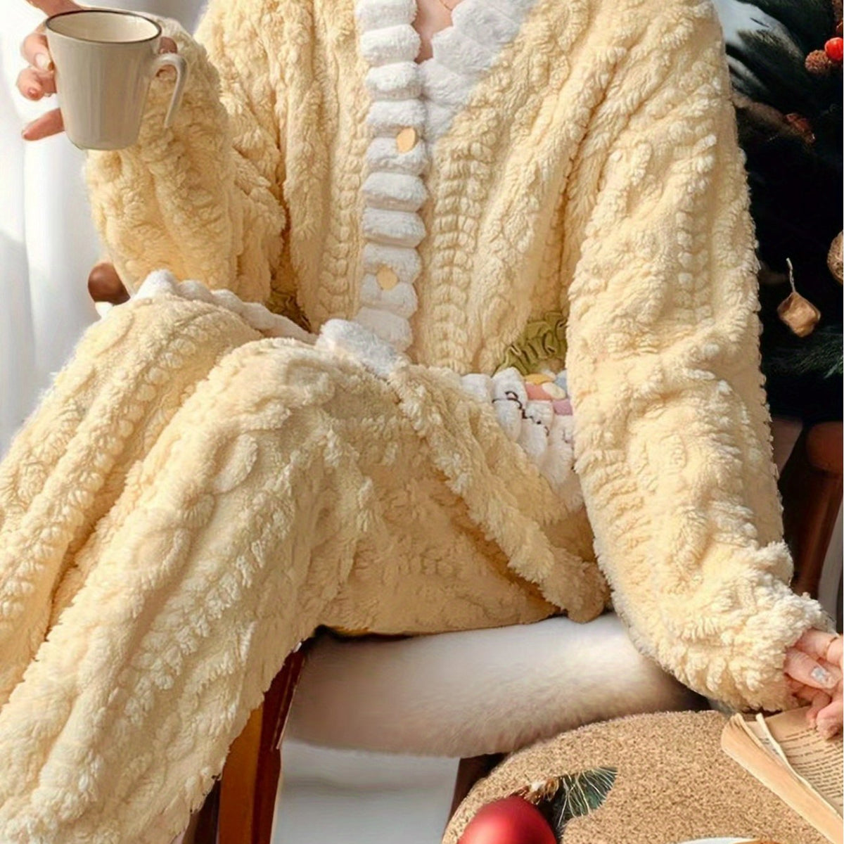 Cartoon Embroidered Pocket Contrast Coral Fleece Set, Autumn and Winter Women'S 2025 New Model Velvet Thickened Warm Pajama Outfit