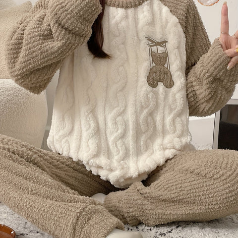 Youth Winter Warm Fleece Pajamas Set, Cute Bear Pattern Casual Home Wear Set, For Teenager