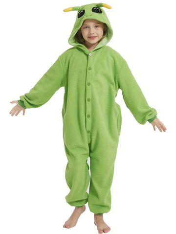 Youngsters' Green Alien Halloween Onesie Pajamas - Hooded Sleeve Sleepwear with Pockets, Soft Machine-Washable Loose Fit for Fall Winter Parties & Cosplay, Halloween Shirt, Youngsters Party Wear, Playful Design, Pocketed Onesie