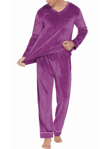 ELESOL Unisex Velvet Pajama Set, Casual V-Neck Long Sleeve Knit Fabric Sleepwear, Polyester & Spandex Blend, Solid Color Loungewear with Pockets, for Fall\u002FWinter