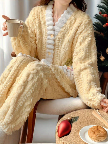 Cartoon Embroidered Pocket Contrast Coral Fleece Set, Autumn and Winter Women'S 2025 New Model Velvet Thickened Warm Pajama Outfit