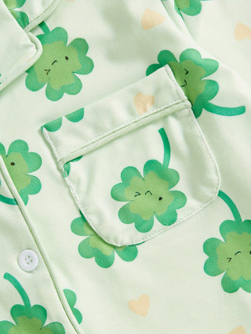 Kids Toddler Spring Pajama Sets Shamrock Pattern Button V Neck Long Sleeve Tops and Pants Lounge Wear 2pcs Set